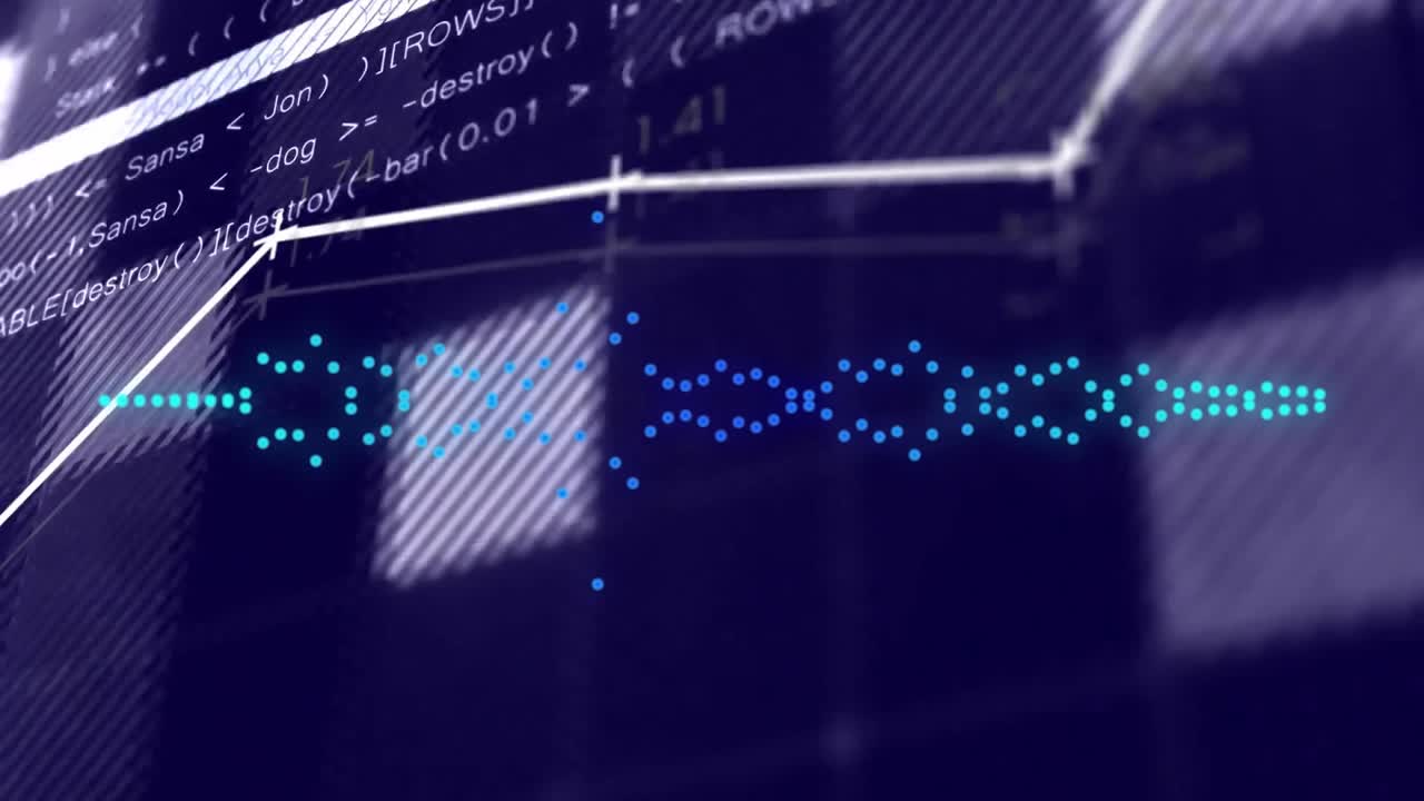 Starting teal waveform pulsing shifting white polyline fading code glowing squares for data display