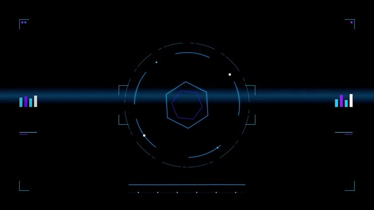 Interfaccia HUD Digitale Futuristica con Esagono Rotante e Grafici di Dati