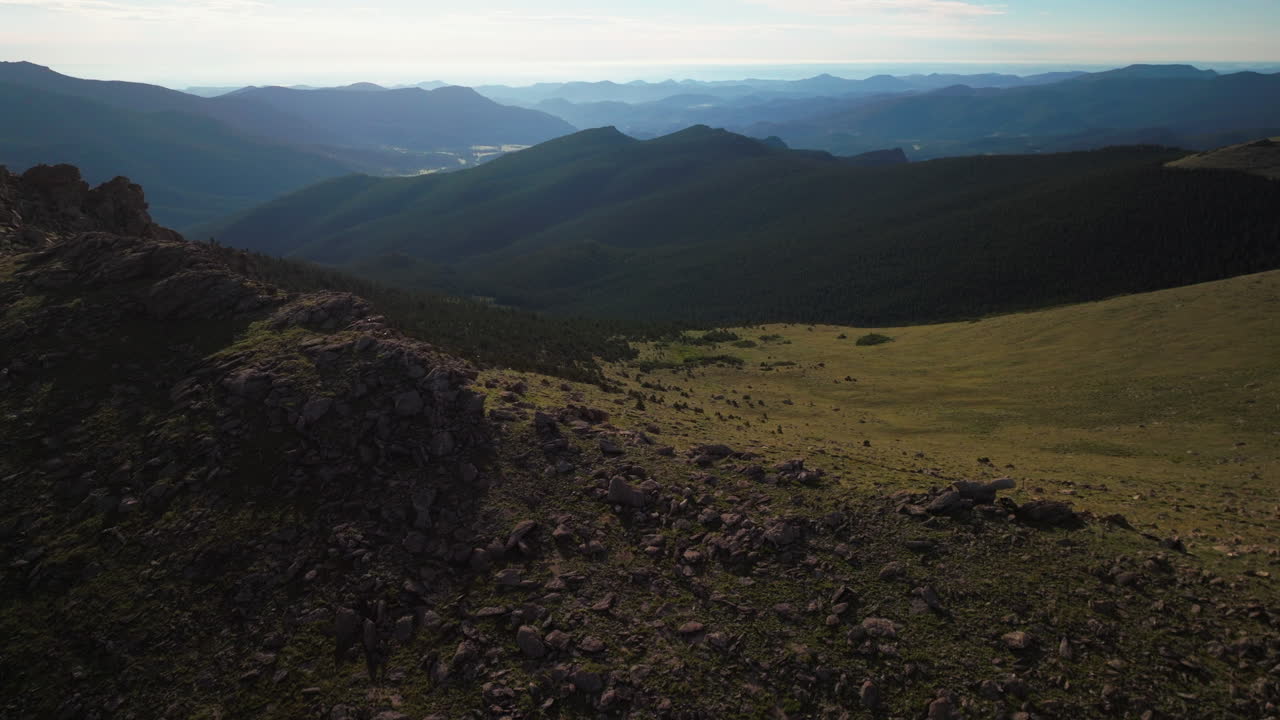 Cinematic aerial drone morning sunrise Mount Evans Goliath Denver Chicago lakes 14er front range foothills Rocky Mountains Idaho Springs Evergreen Squaw pass Echo Mountain lake forward movement