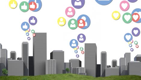 animation of multiple colourful digital social media icons flying over cityscape