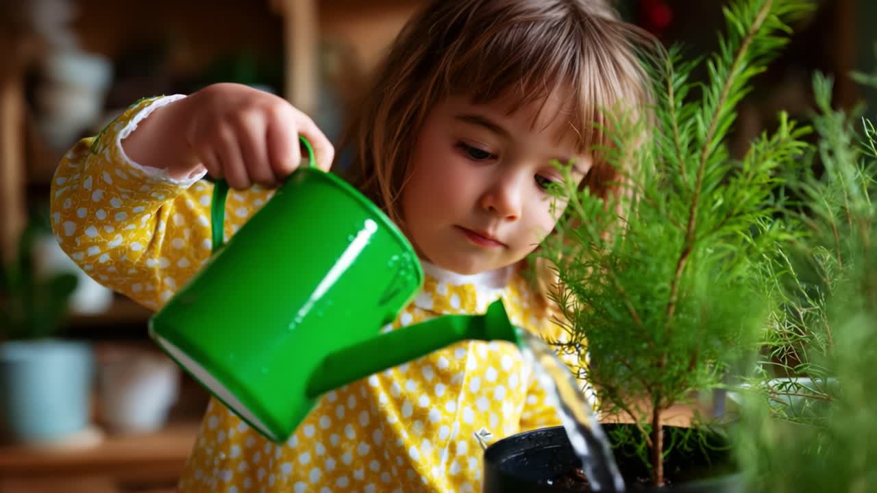 A Young Child Joyfully Waters a Small Plant with a Bright Green Watering Can in a Cozy Indoor Garden, Nurturing Nature and Cultivating Early Gardening Skills