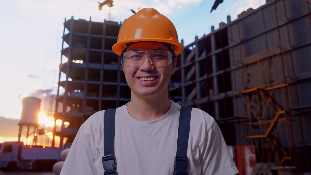 trabajador asiático de pie y sonriendo a la cámara en el sitio de construcción