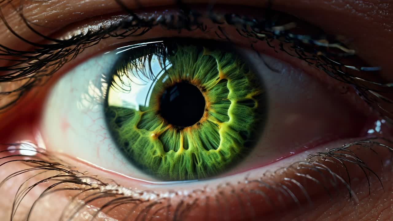 Close-up of a green eye with intricate iris details, captured from a macro angle, evoking a sense