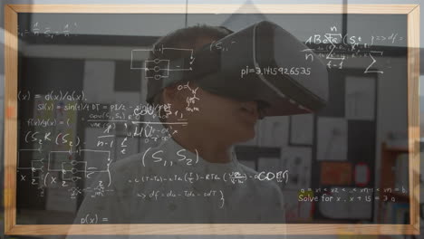 animación de fórmulas matemáticas sobre un escolar usando auriculares vr
