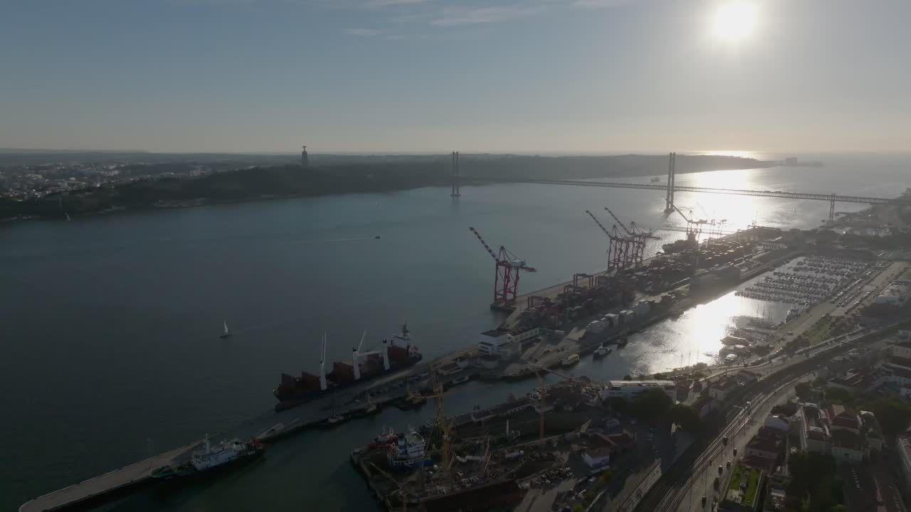 Drone shot of the harbour in Lisbon.