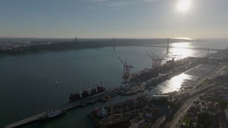 drone shot of the harbour in lisbon.