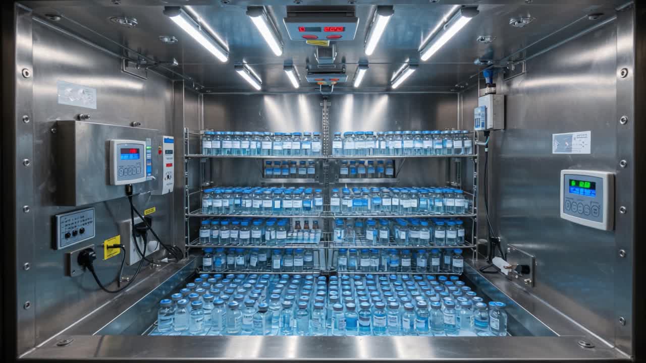 A Comprehensive Visual Overview of a Controlled Environment Storage Facility Housing Rows of Bottled Waters in a Well-Organized and Sterile Setting