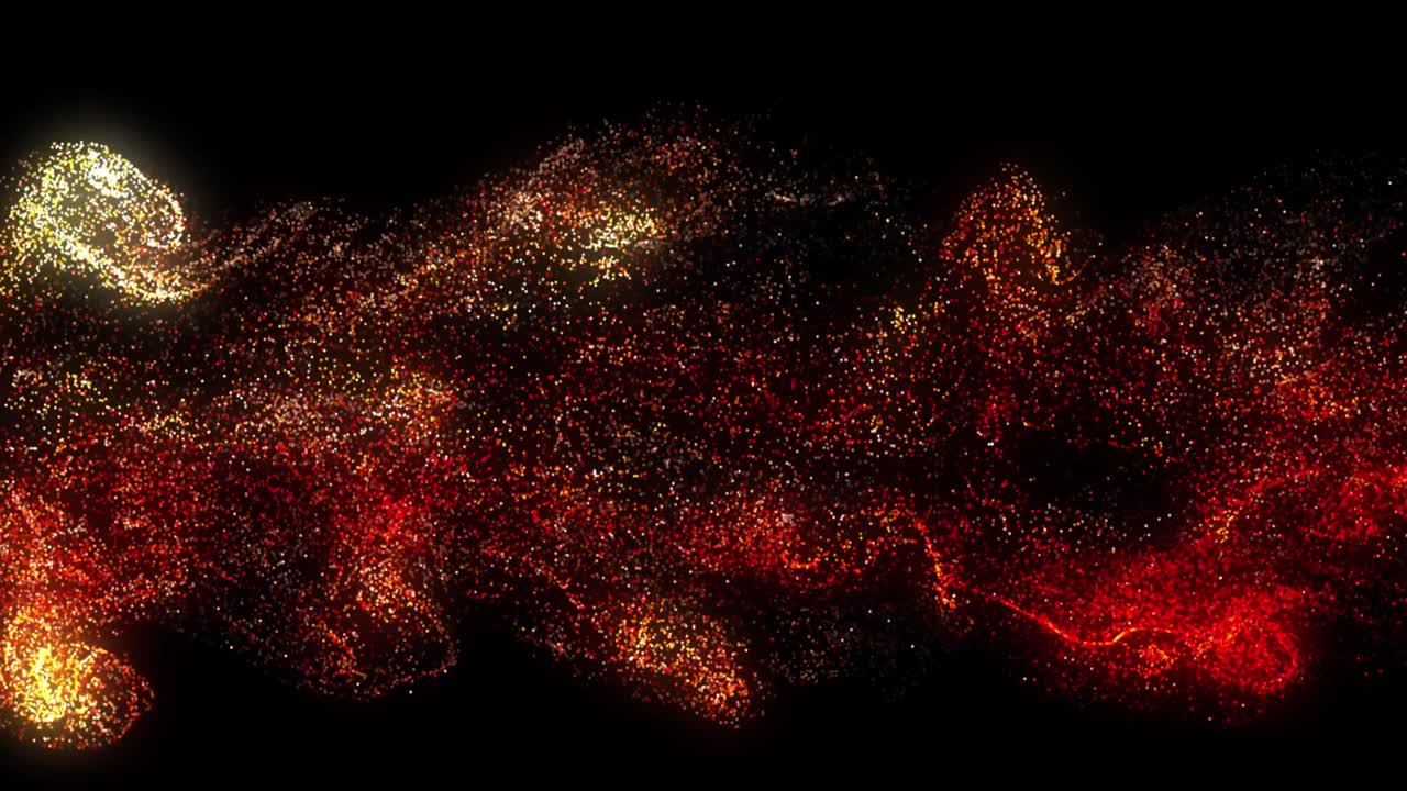 Animation of multicolored particles forming dynamic waves against black background