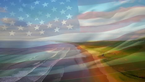 Digital-composition-of-waving-us-flag-against-aerial-view-of-the-beach-and-the-sea