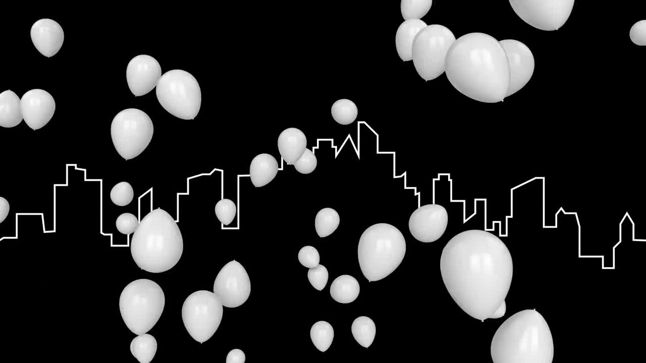 Digital animation of multiple balloons floating over city structure against black background