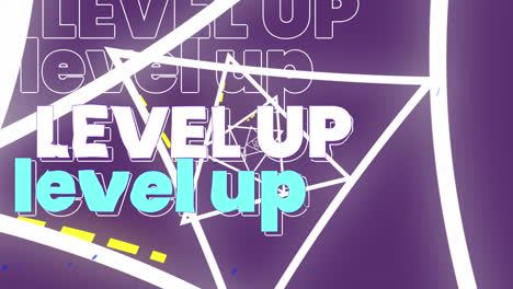 animation of level up text over triangles on purple background