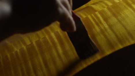 luthier applies varnish to the back plate of a cello, enhancing the natural flames and marbling of the wood in real time using a hand brush under directional lighting for depth and warmth
