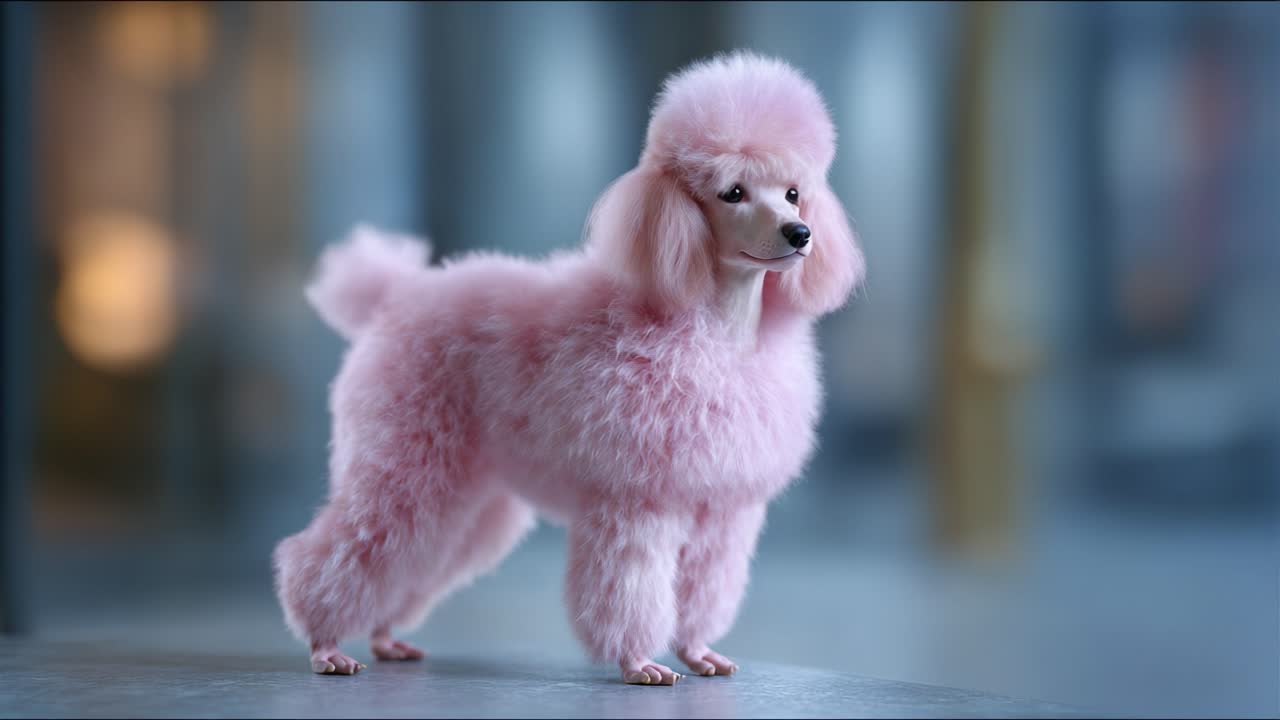 Affascinante barboncino rosa che mette in mostra il suo manto vaporoso e la sua personalità giocosa in un ambiente da studio con uno sfondo delicato e un effetto di illuminazione sfumato