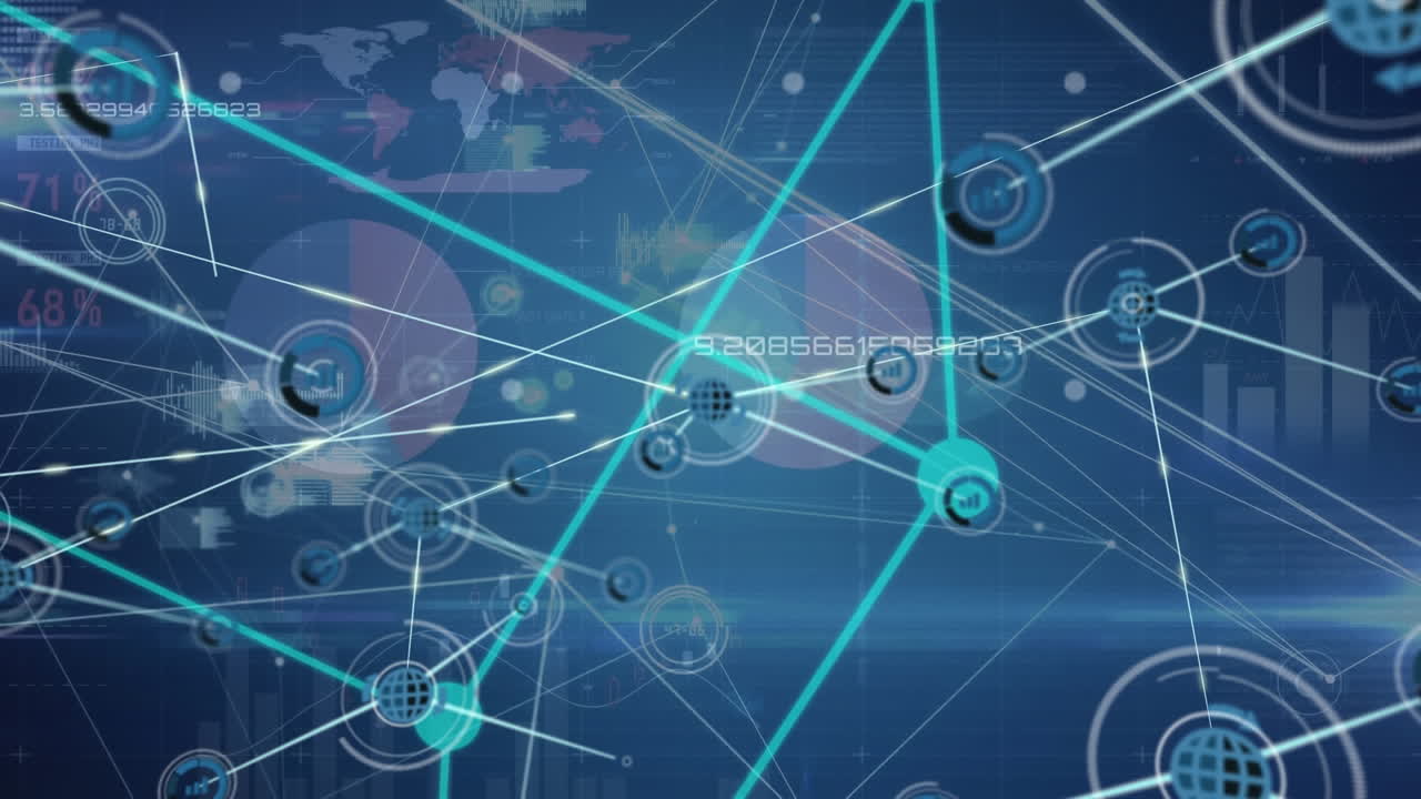 검은색 배경에 데이터 처리에 대한 아이콘으로 연결 네트워크의 애니메이션