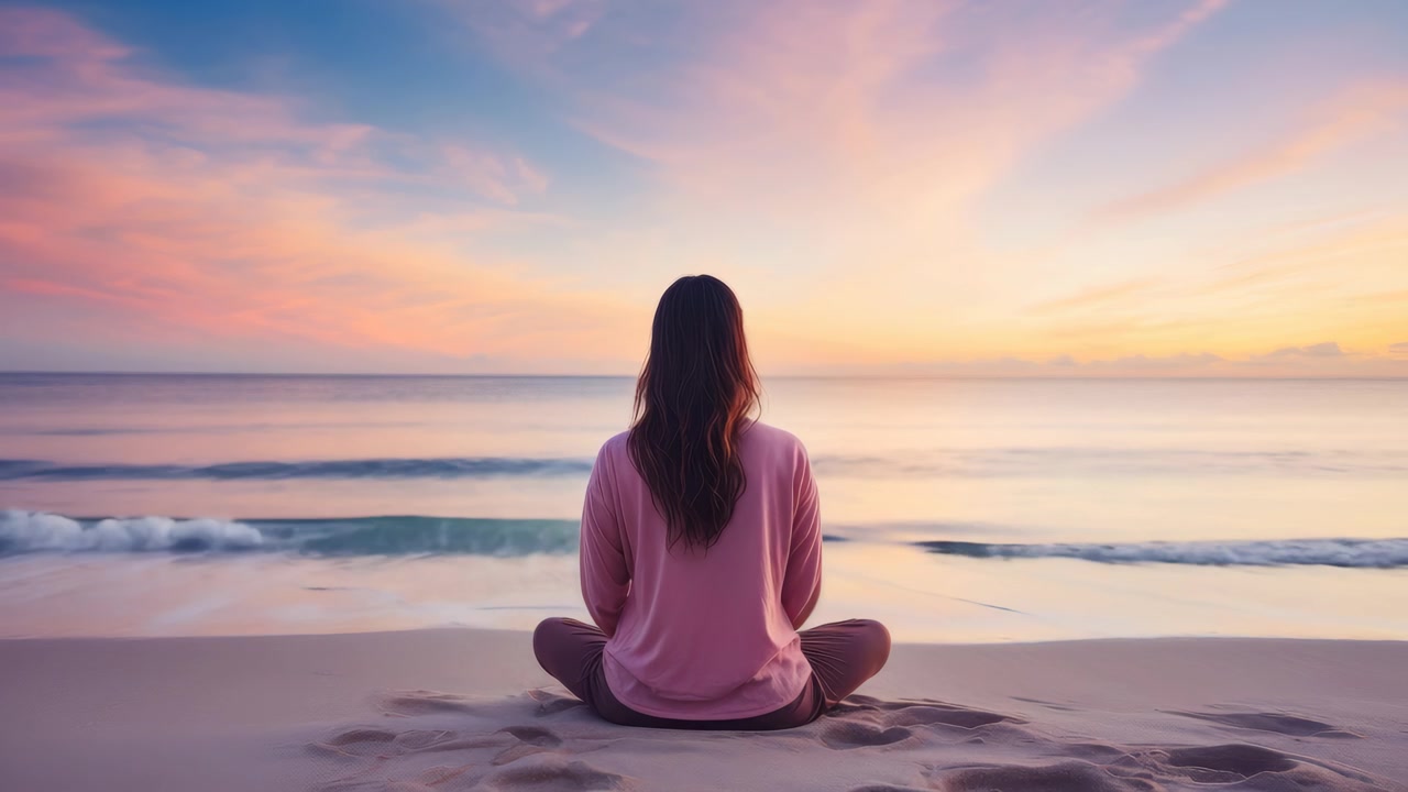 Woman Meditating on Beach at Sunset