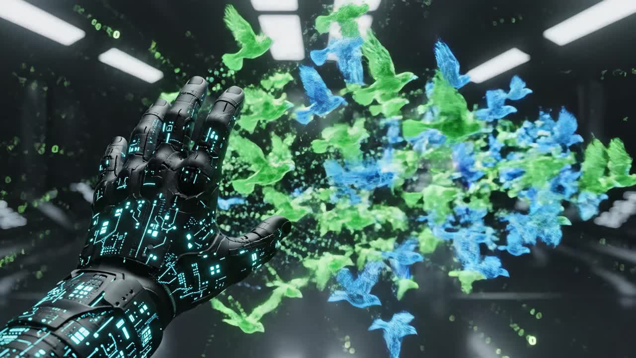 Cyborg Hand Releasing Holographic Birds into a Digital World