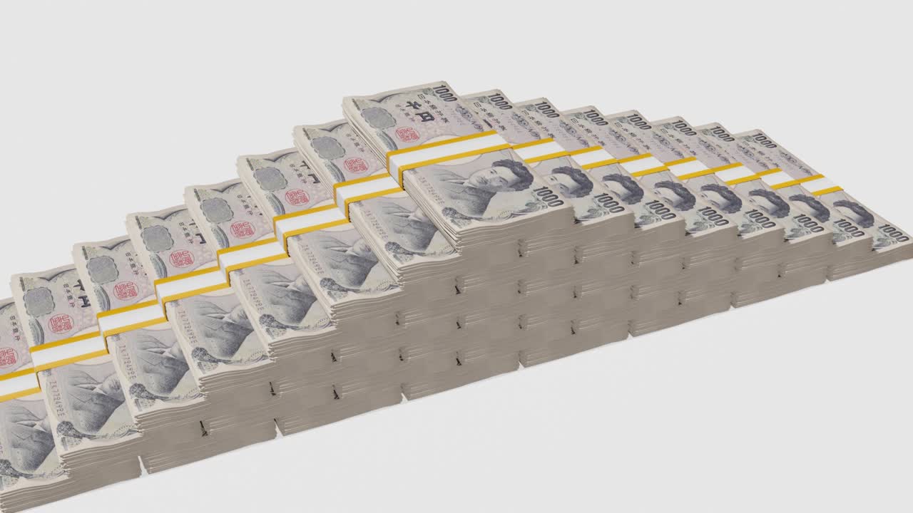 Many wads of money. 1000 Japanese Yen banknotes. Stacks of money.