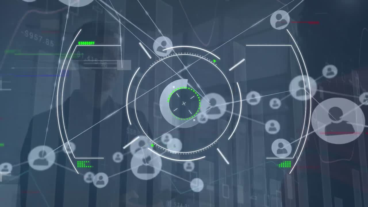 Animazione di un mirino con glitch e connessioni e diversi professionisti