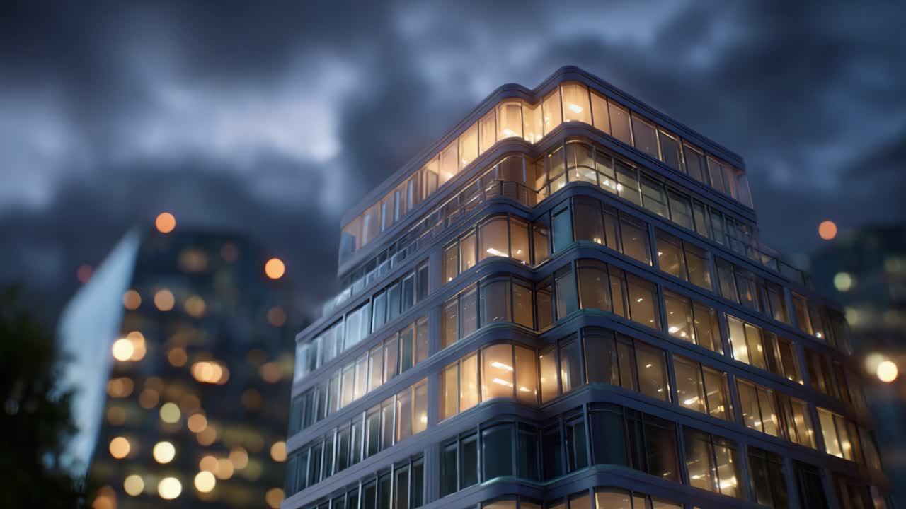 Um edifício moderno iluminado à noite, exibindo uma arquitetura elegante e luzes aconchegantes em meio a um céu nublado e melancólico e um cenário urbano brilhante, criando uma cena urbana vibrante