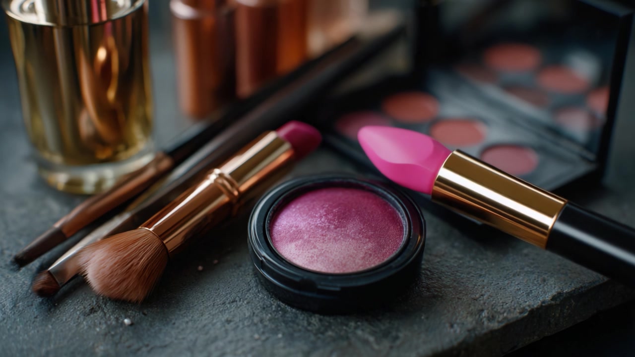 A Close-Up View of Vibrant Makeup Products Including Lipsticks, Brushes, and Blush on a Dark Surface, Showcasing Beauty Essentials for Glamorous Looks