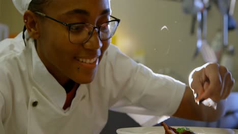 Chef-Femenina-Adornando-Comida-En-Un-Plato-En-La-Cocina-4k