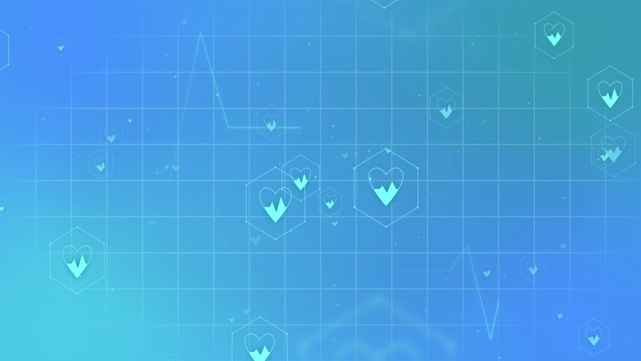 의료 아이콘의 애니메이션과 파란색 배경의 그리드 상의 데이터 처리