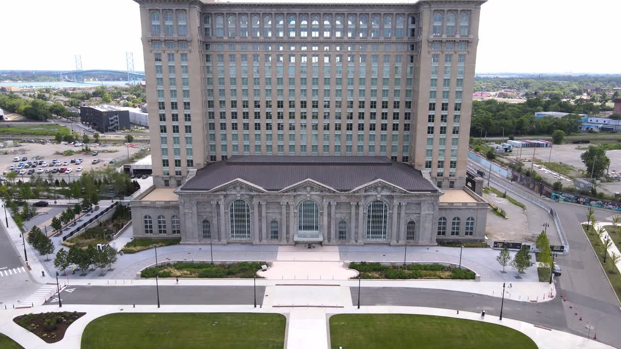 Central Station building in Corktown, aerial drone view
