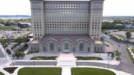 central station building in corktown, aerial drone view