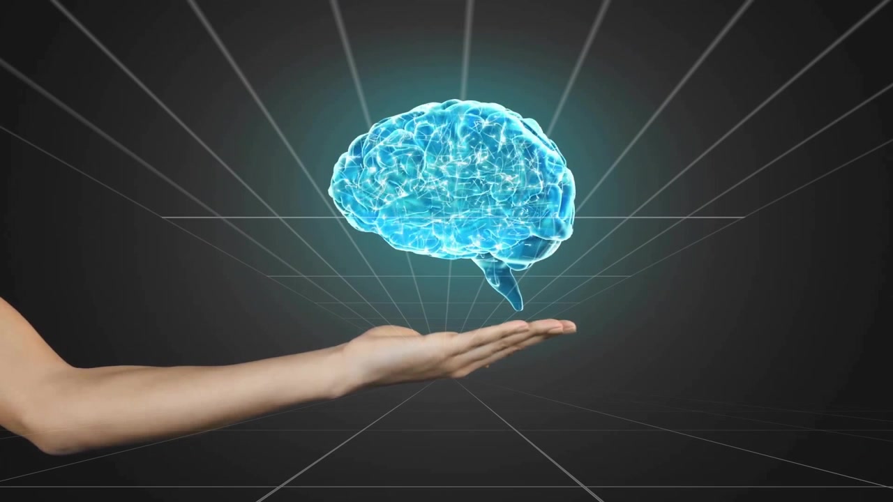 Braccio che scorre dopo una pausa della griglia, un globo luminoso si trasforma in un cervello olografico rotante che mostra onde cerebrali.