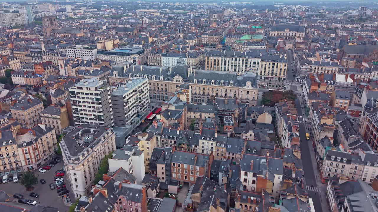 Rennes center cityscape captured from above with Palais du Commerce neoclassical building and Place de la République, Ille-et-Vilaine, France