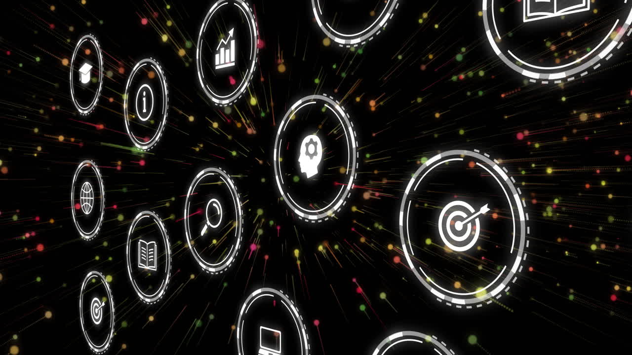 animación de la red de conexiones con iconos en fondo negro