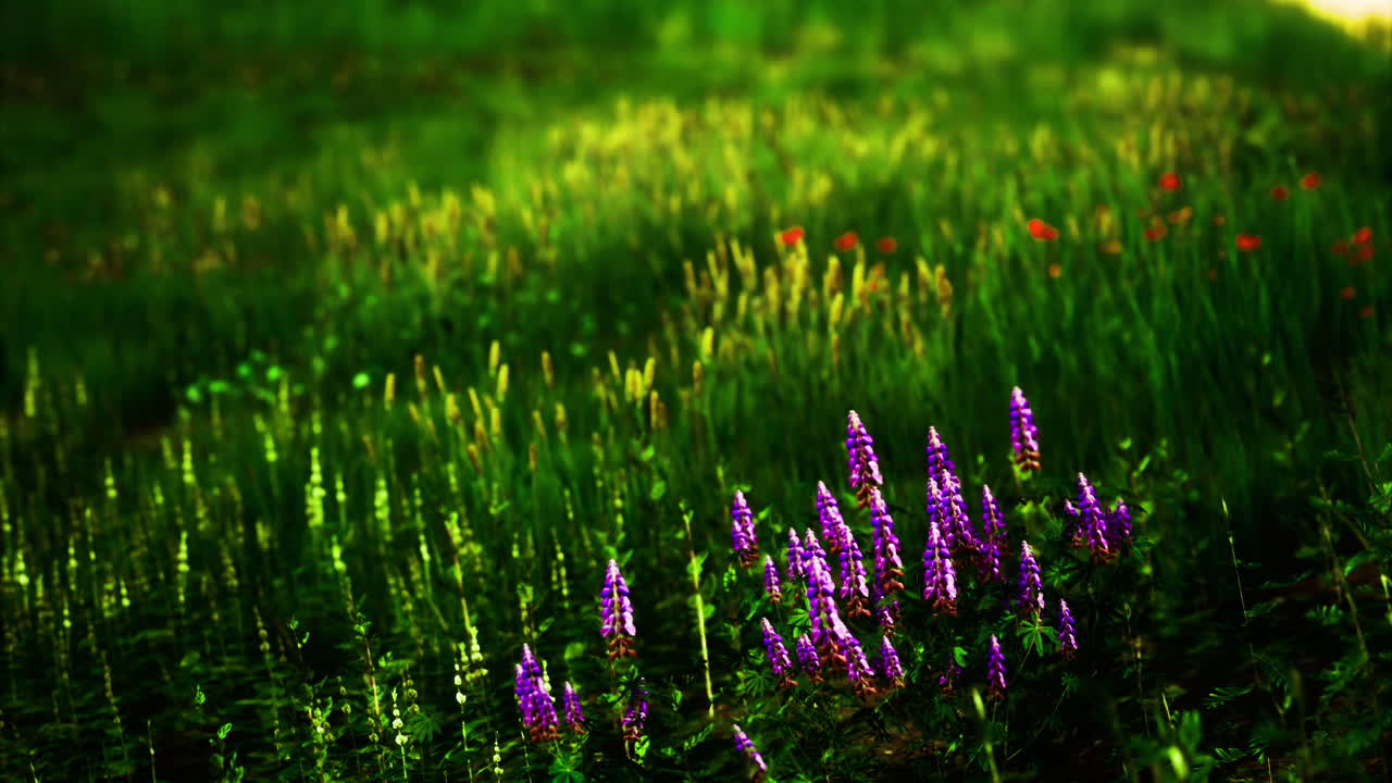Purple blooms punctuate a vibrant green meadow under soft sunlight