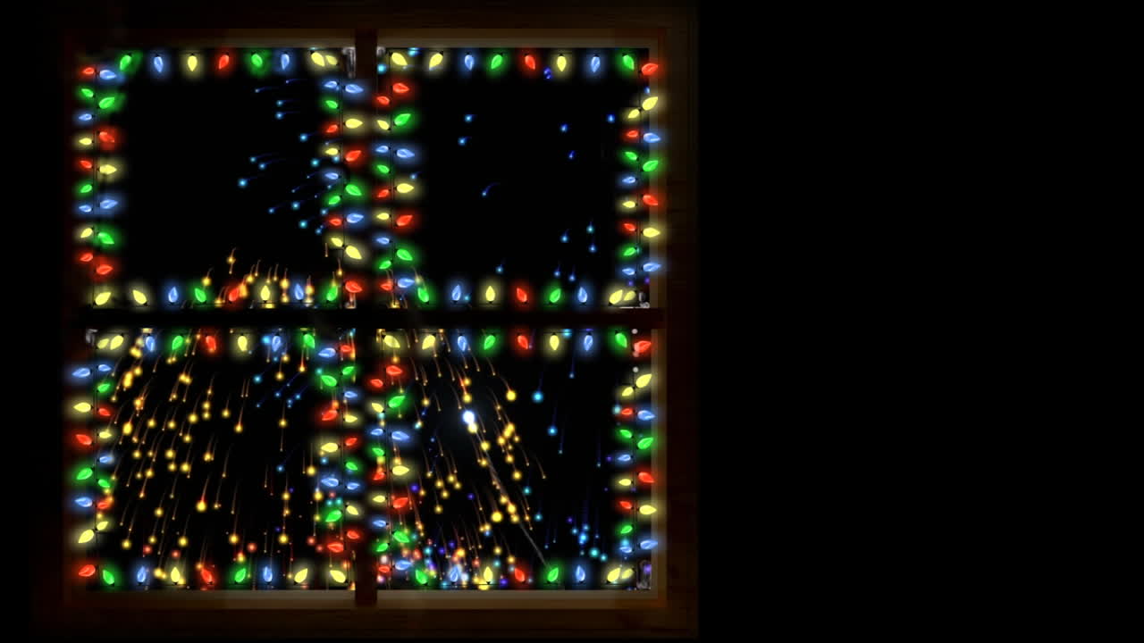 animación de cuadrados de coloridas luces navideñas y fuegos artificiales de año nuevo en el cielo nocturno, espacio de copia