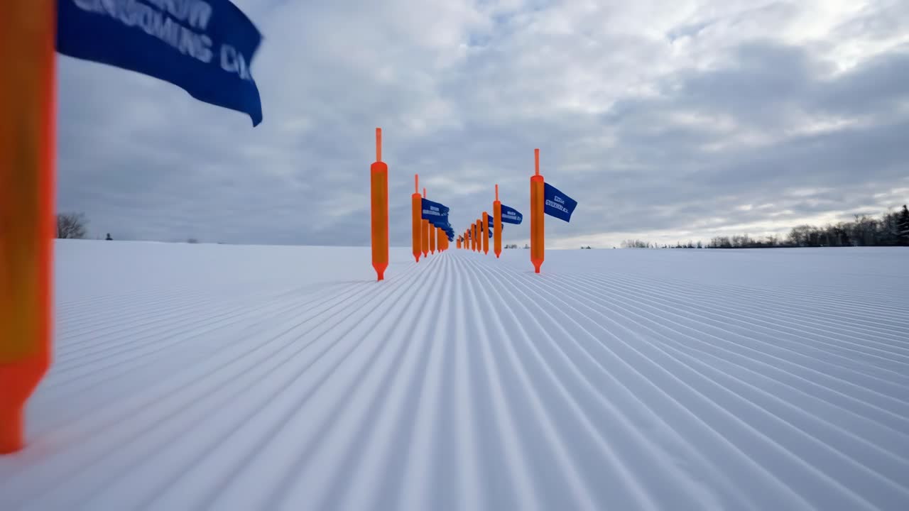 Groomed Snow Field with Orange Poles and Blue Flags on a Cloudy Winter Day