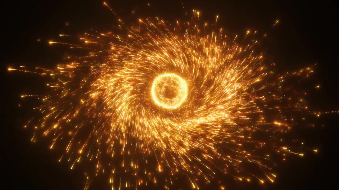 Glowing Golden Particle Vortex Spinning on Black Background