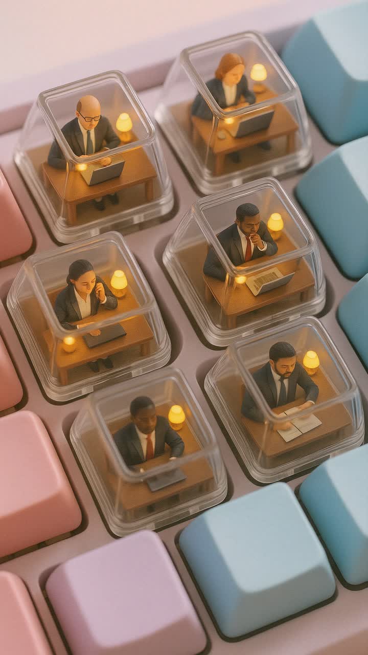 Miniature office workers are working at their desks inside transparent keycaps on a pastel colored keyboard, creating a surreal and thought provoking scene about modern work life