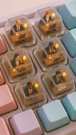 miniature office workers are working at their desks inside transparent keycaps on a pastel colored keyboard, creating a surreal and thought provoking scene about modern work life