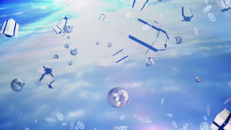 animación de , bolas de navidad y regalos y nieve cayendo sobre fondo azul