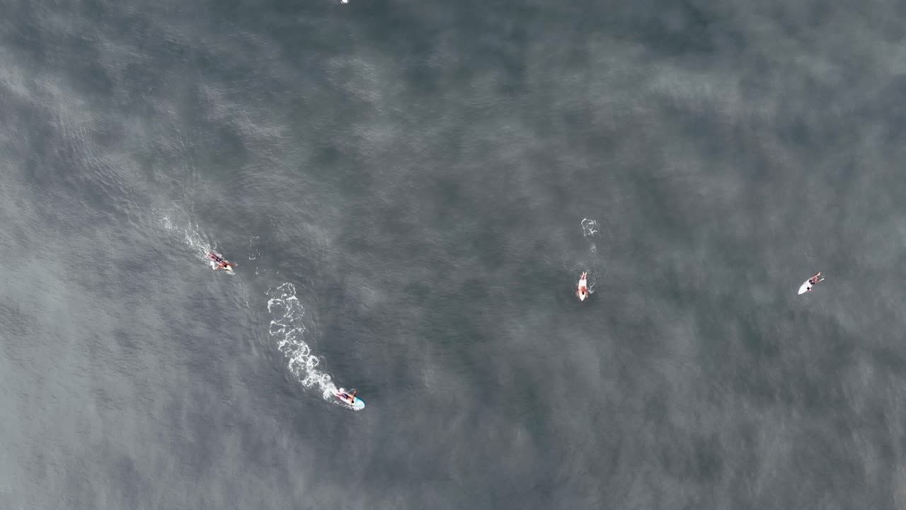 파도 를  ⁇ 고 있는 서퍼 들 의 그룹, 공중 에서 위 로 내려오는 것