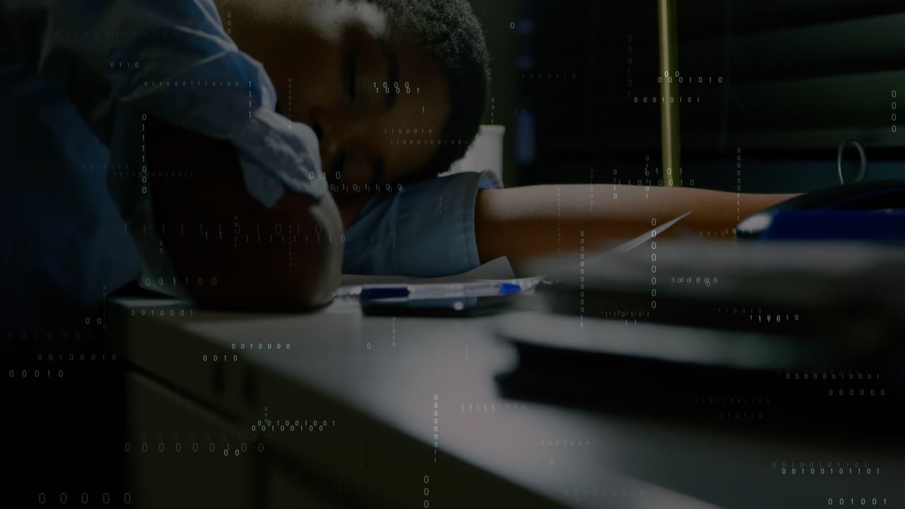 Student falling asleep studying, leaning on desk, closing eyes while code overlay crossing face