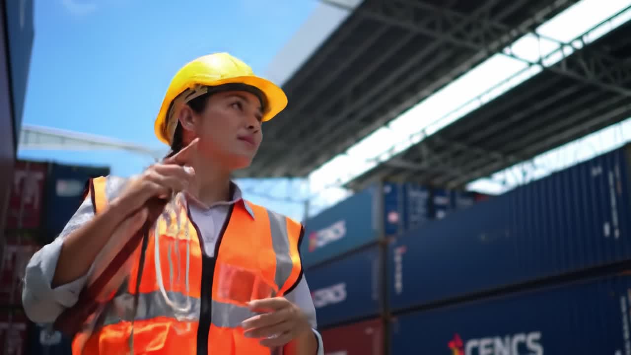 A focused young worker in a safety vest and hard hat surveys a busy shipping yard, demonstrating the importance of safety and vigilance in a logistics environment.