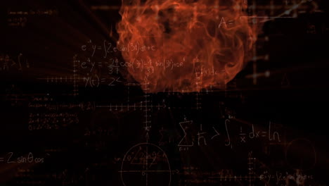 fiery orange-red cloud floating and glowing in 3d digital design, overlaying white math equations