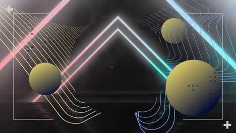 animation of blue and pink neon triangles, yellow and blue curves and yellow spheres on black