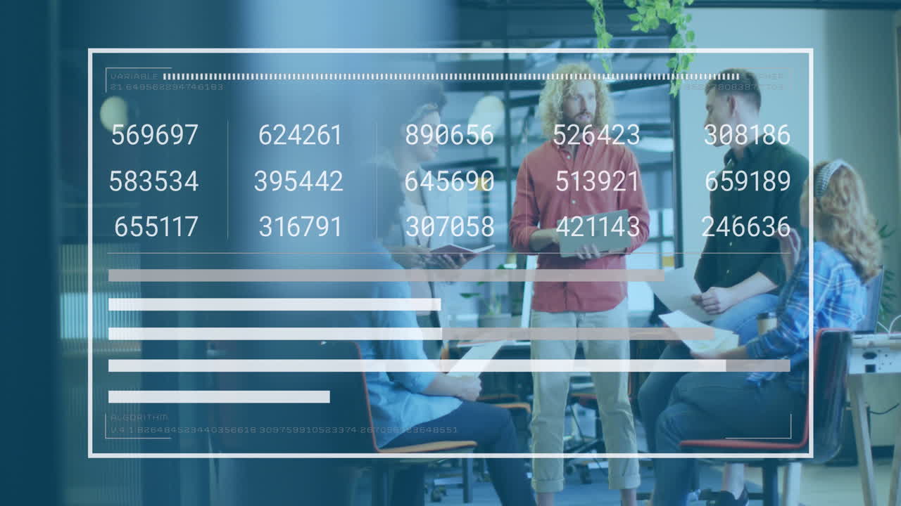 Animation of loading bar, graph and changing numbers, diverse coworkers sharing ideas in office