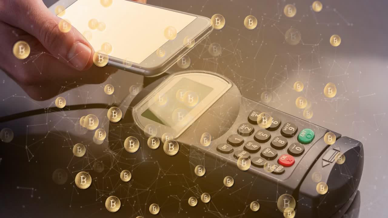 스마트 폰과 결제 단말기를 통해 비트코인의 애니메이션