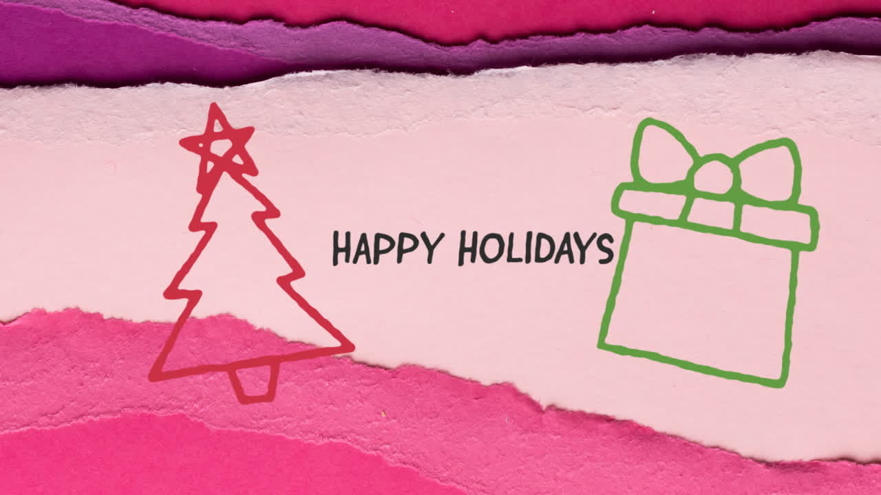 Animation of hand drawing christmas tree and present over happy holidays text