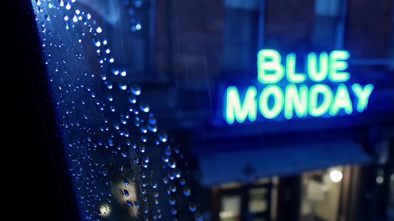파란 월요일 네온 표지판의 비가 오는 밤의 풍경
