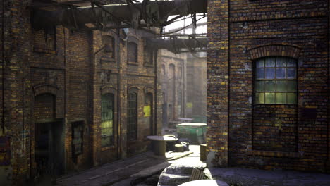 abandoned warehouse alley with sun rays illuminating brick structures