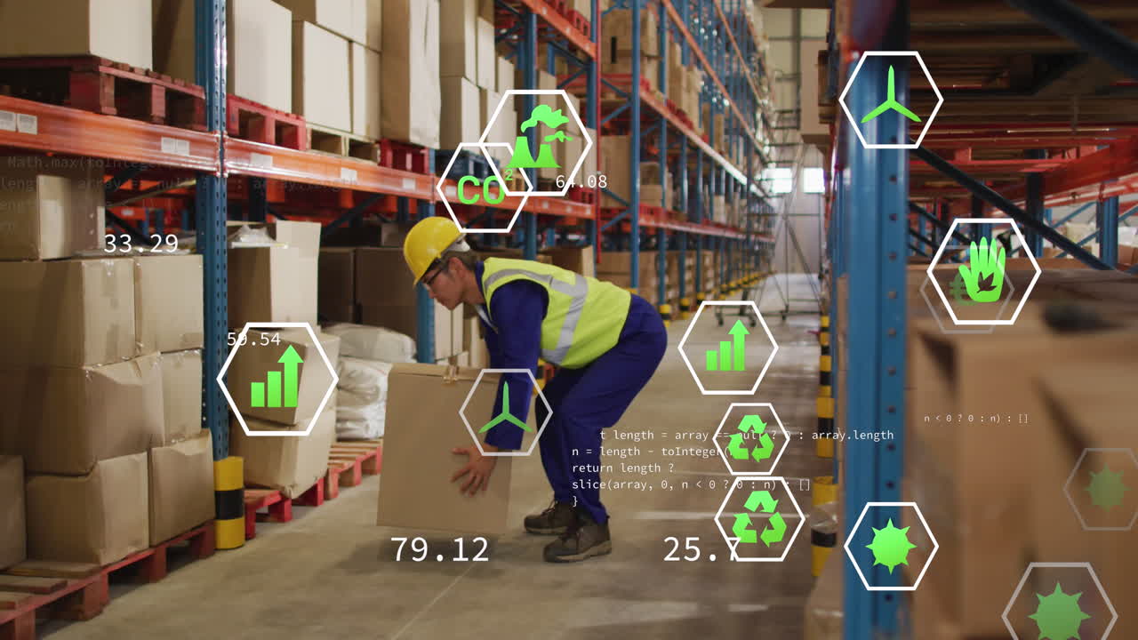 창고에서 일하는 두 인종의 남성에 대한 생태 아이콘과 데이터 처리 애니메이션