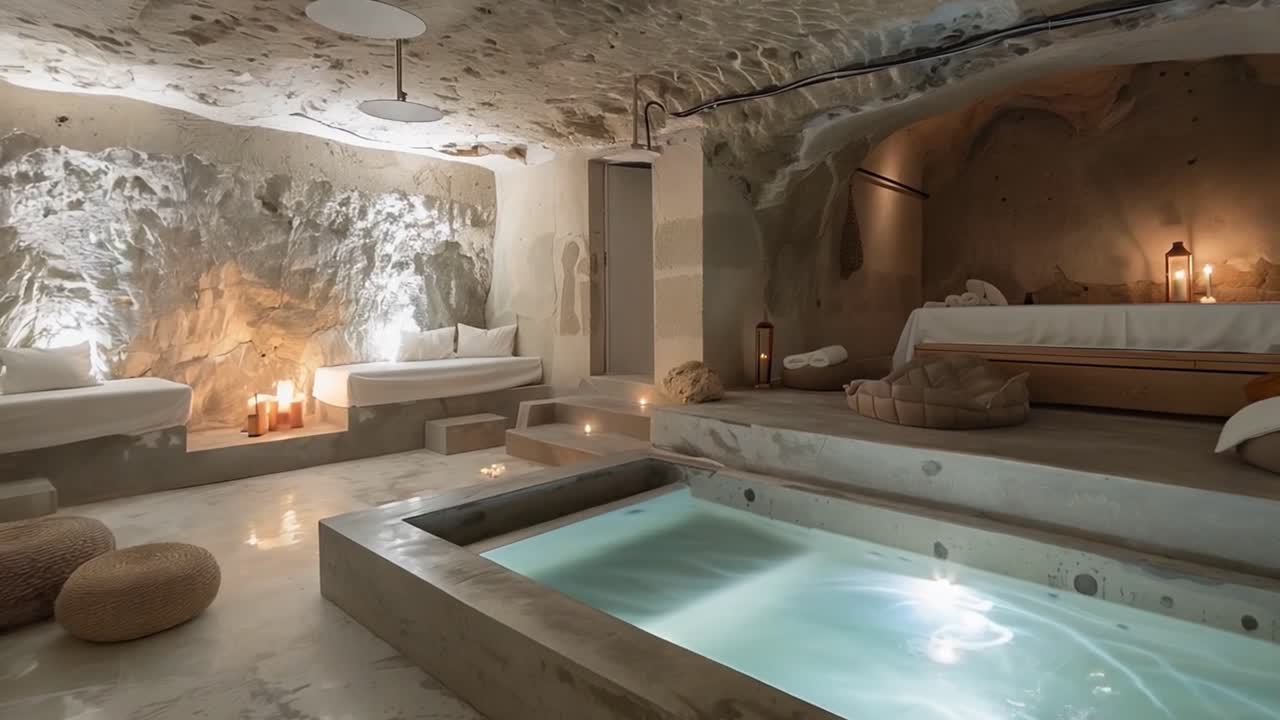Luxurious cave spa with hot tub